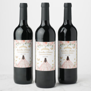 Vintage Gold Blush Pink Floral Dress Quinceañera Wine Label
