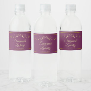 Vintage Gold Border Cassis Purple Magenta Wedding Water Bottle Label