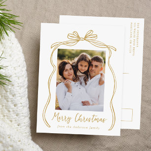 Vintage Gold Bow Merry Christmas Photo Holiday Postcard