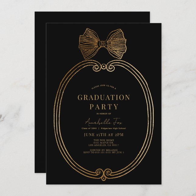 Vintage Gold Bow Ribbon Black Graduation Party Invitation (Front/Back)