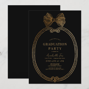 Vintage Gold Bow Ribbon Black Graduation Party Invitation