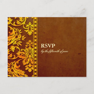 Vintage Gold & Brown Damask Lace Wedding RSVP Invitation Postcard
