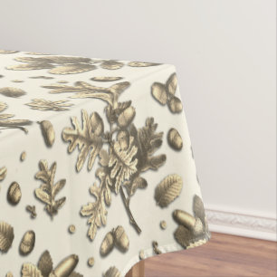 Vintage Gold Brown Oak Leaves Acorns on Beige Tablecloth