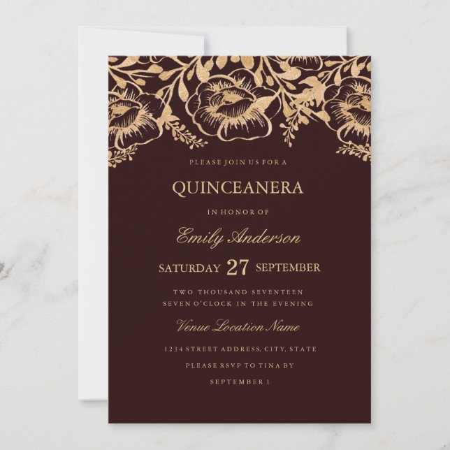 Vintage Gold Burgundy Floral Quinceanera Invite (Front)