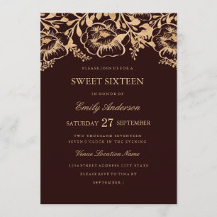 Vintage Gold Burgundy Floral Sweet Sixteen Invitation