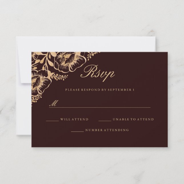 Vintage Gold Burgundy Floral Wedding RSVP (Front)