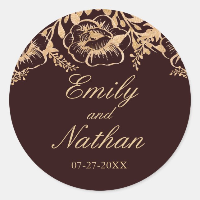 Vintage Gold Burgundy Floral Wedding Sticker (Front)