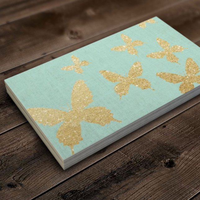 Vintage Gold Butterflies Elegant Green Linen Business Card (Creator Uploaded)