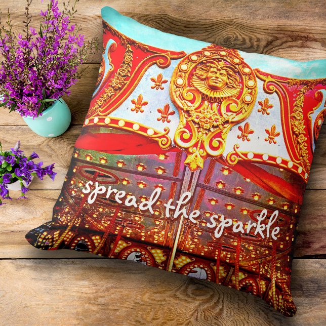 Vintage Gold Carousel Face Photo Spread Sparkle Cushion (Creator Uploaded)