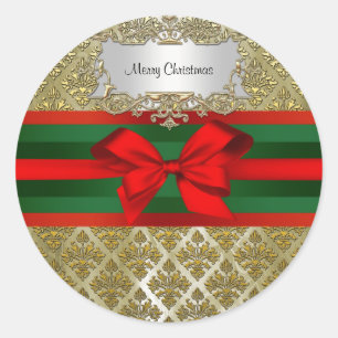 Vintage Gold Champagne Damask Red Green Ribbn Xmas Classic Round Sticker