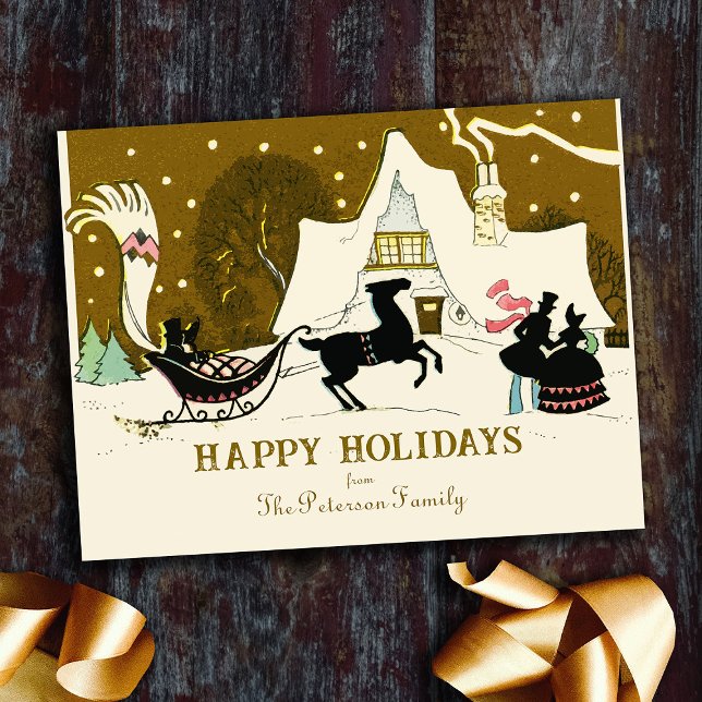 Vintage Gold Christmas Party Winter Night Scene Holiday Postcard (Creator Uploaded)