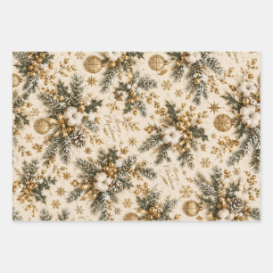 Vintage Gold Christmas Wrapping Paper, Rustic Pine Paper Sheet