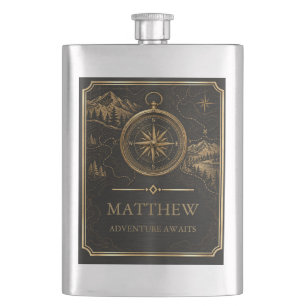 Vintage Gold Compass and Map Design Hip Flask
