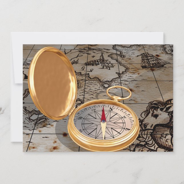 Vintage Gold Compass on Antique Pirate Map  Invitation (Front)