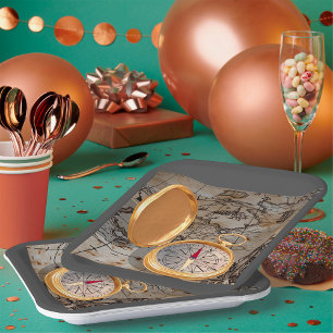 Vintage Gold Compass on Antique Pirate Map  Paper Plate