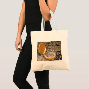 Vintage Gold Compass on Antique Pirate Map Tote Bag
