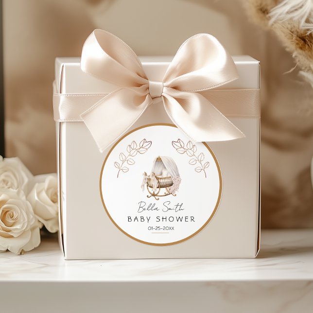 Vintage Gold Cradle Baby Shower Classic Round Sticker (Creator Uploaded)