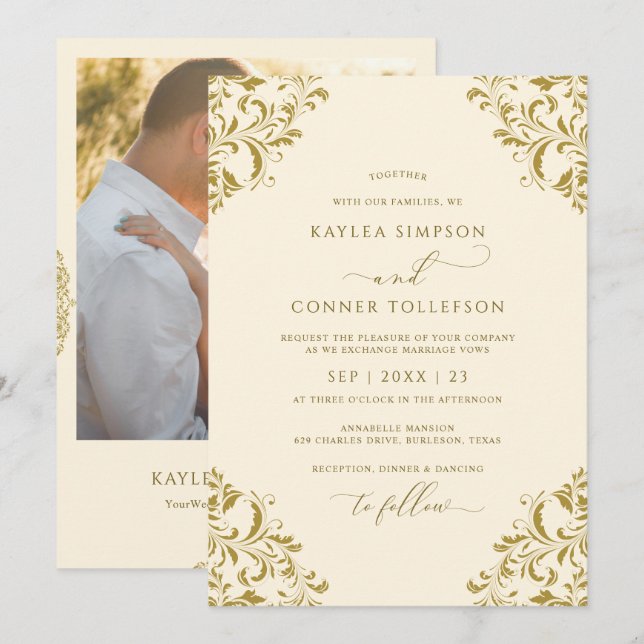 Vintage Gold & Cream Elegant Photo Wedding Invitation (Front/Back)