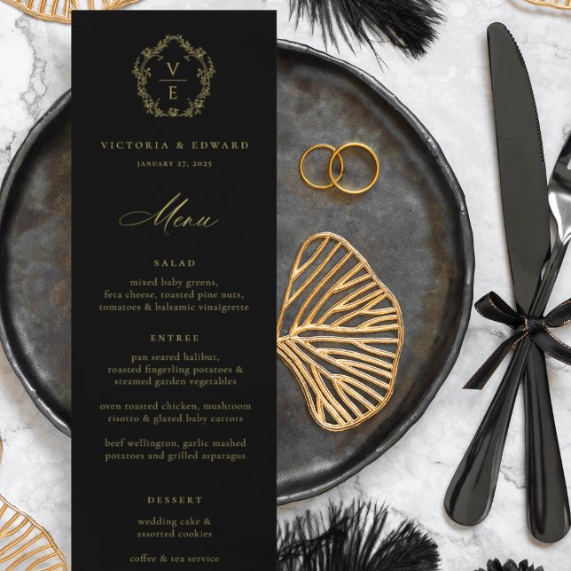 Vintage Gold Crest Monogram Floral Wedding Menu (Creator Uploaded)