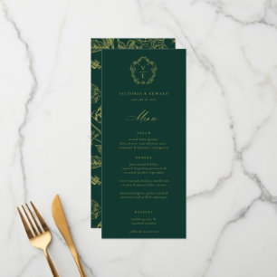 Vintage Gold Crest Monogram Floral Wedding Menu