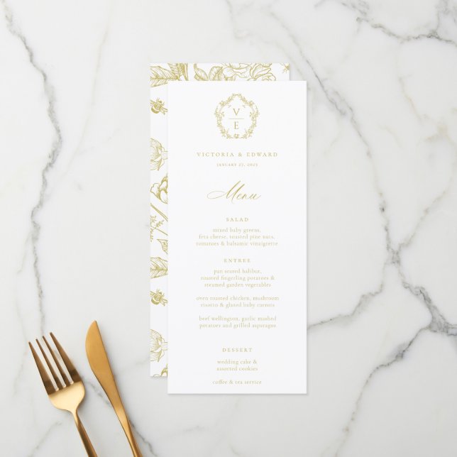 Vintage Gold Crest Monogram Floral Wedding Menu (Front/Back In Situ)
