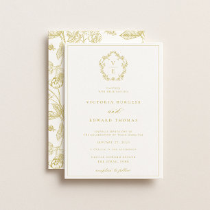 Vintage Gold Crest Monogram Wedding Invitation