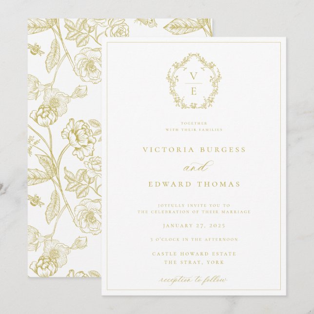 Vintage Gold Crest Monogram Wedding Invitation (Front/Back)