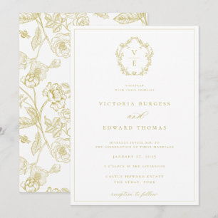 Vintage Gold Crest Monogram Wedding Invitation
