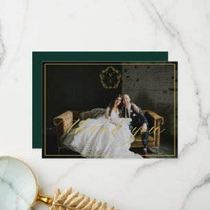Vintage Gold Crest Monogram Wedding Photo Emerald Thank You Card