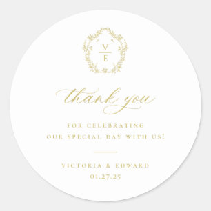 Vintage Gold Crest Monogram Wedding Thank You Classic Round Sticker