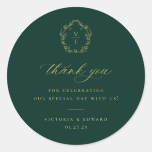 Vintage Gold Crest Monogram Wedding Thank You Classic Round Sticker