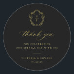 Vintage Gold Crest Monogram Wedding Thank You Classic Round Sticker<br><div class="desc">Vintage Crest gold monogram,  wedding favour thank you sticker in black.</div>