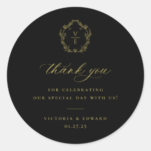 Vintage Gold Crest Monogram Wedding Thank You Classic Round Sticker