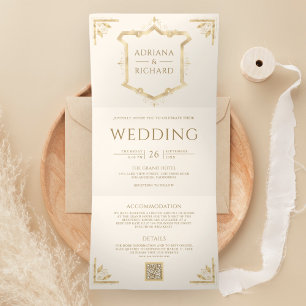 Vintage Gold Crest QR Code Cream Wedding Tri-Fold Invitation