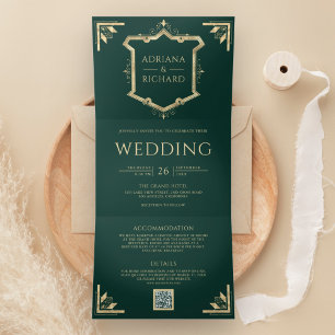 Vintage Gold Crest QR Code Emerald Green Wedding Tri-Fold Invitation
