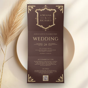 Vintage Gold Crest QR Code Espresso Brown Wedding Tri-Fold Invitation