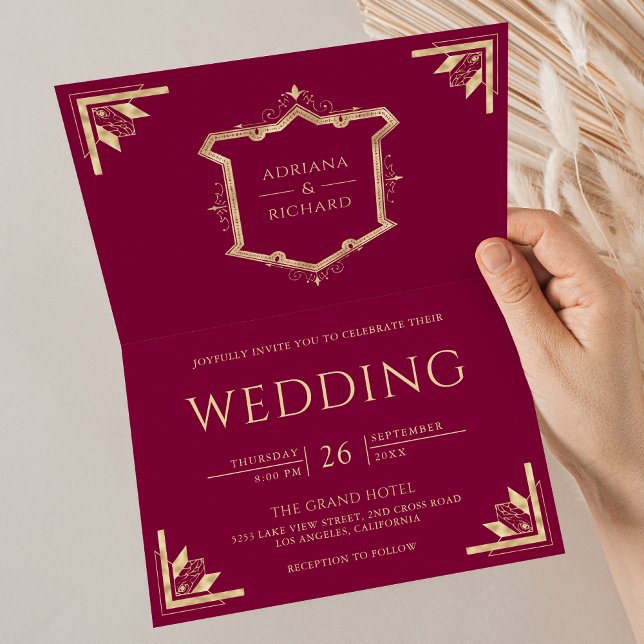 Vintage Gold Crest QR Code Magenta Wedding Invitation (Creator Uploaded)