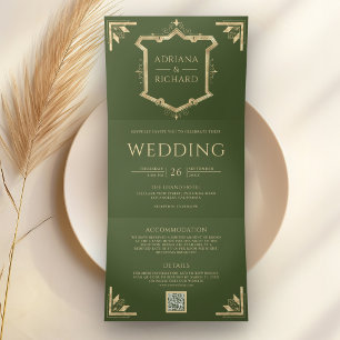 Vintage Gold Crest QR Code Olive Green Wedding Tri-Fold Invitation