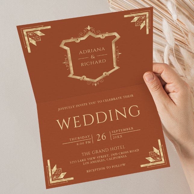 Vintage Gold Crest QR Code Terracotta Wedding Invitation (Creator Uploaded)