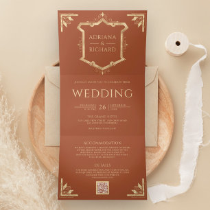 Vintage Gold Crest QR Code Terracotta Wedding Tri-Fold Invitation