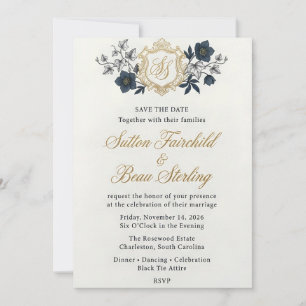 Vintage Gold Crest Royal Navy Blue Wedding Invitat Invitation