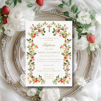 Vintage Gold Cross Flowers & Strawberries Baptism Invitation