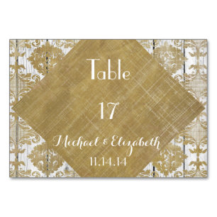 Vintage Gold Damask and White Wood Wedding Table Number