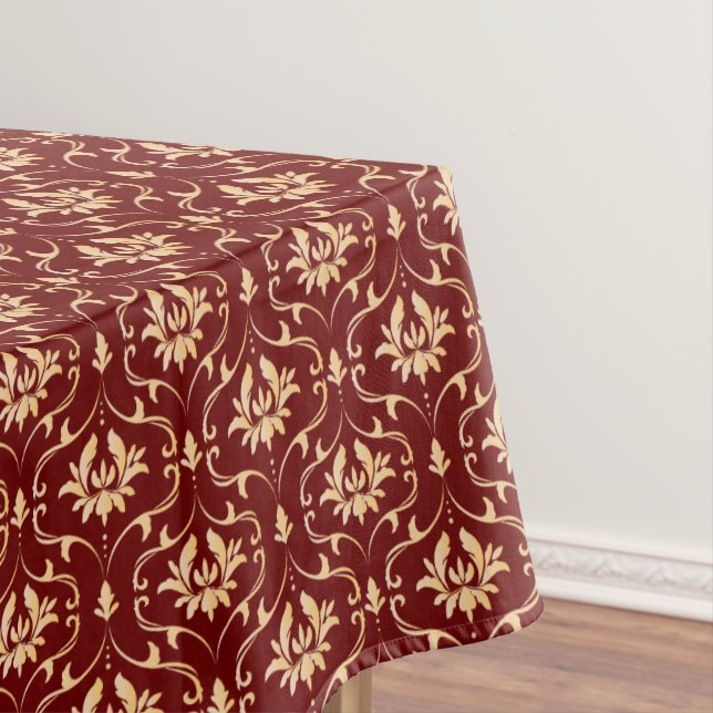 Vintage Gold Damask on Burgundy Tablecloth (In Situ)