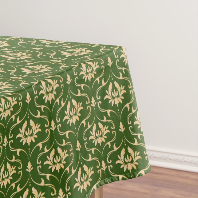 Vintage Gold Damask on Forest Green Tablecloth (In Situ)