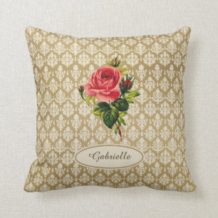 Vintage Gold Damask Pattern Pink Rose and Name Cushion