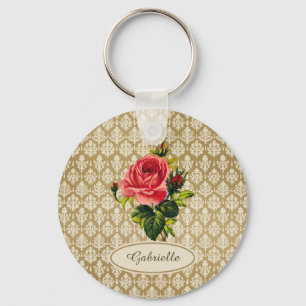 Vintage Gold Damask Pattern Pink Rose and Name Key Ring