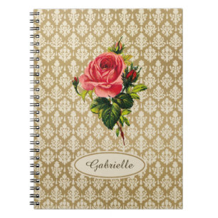 Vintage Gold Damask Pattern Pink Rose and Name Notebook