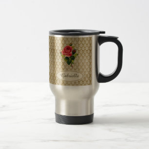 Vintage Gold Damask Pattern Pink Rose and Name Travel Mug
