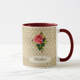 Vintage Gold Damask Pattern Pink Rose For Mother Mug